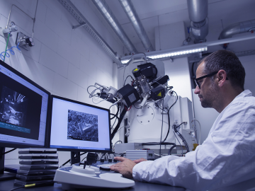 Lab researcher working with SEM images