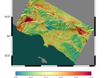 This CyberShake Study 22.12 seismic hazard model shows the Southern California regions (in reds and yellows) expected to experience strong ground motions at least once in the next 2,500 years. Image Credit: Statewide California Earthquake Center (SCEC).