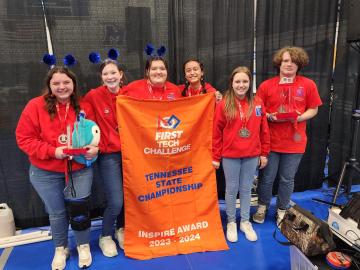 The Tennessine Titans after winning the 2024 INSPIRE Award at the FIRST Tech Challenge Tennessee State Championship. Credit: Cleve Coates