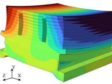 Images showing distortion caused by residual stress in the horizontal and vertical axes of material. ORNL researchers found that simply adding material in critical regions mitigates the accumulation of stress. Credit: ORNL, U.S. Dept. of Energy