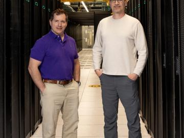 Architects of the Adaptable IO System, seen here with Frontier's Orion file system: Scott Klasky, left, heads the ADIOS project and leads ORNL's Workflow Systems group, and Norbert Podhorszki, an ORNL computer scientist, oversees ADIOS's continuing development. 
