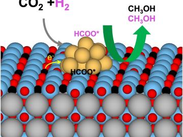 To turn carbon dioxide, or CO2, into methanol, or CH3OH, copper (shown in yellow) on a hydride-substituted support speeds reactions mediated by hydrides and catalyzed by hydrogen atoms (shown in black) from surface-adsorbed formate, HCOO*. Credit: Yang He/ORNL, U.S. Dept. of Energy