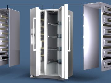 Blue background with three rectangles. The first and third silver rectangles are showing the inside metal part of a fridge with small alternating horizontal rectangles going down the side in darker grey/silver. 