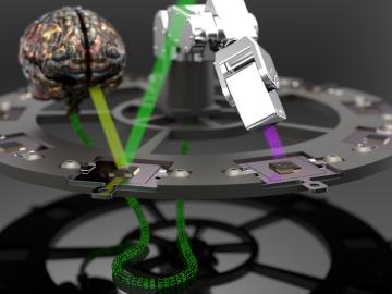 In this artist’s conception of the process, an automated deposition system places a new material onto a base material (purple beam, right) as the last sample that was made is analyzed and sent to the AI (green beams, brain, left). The AI tells the pulsed laser deposition machine what to do next (data cable, bottom).