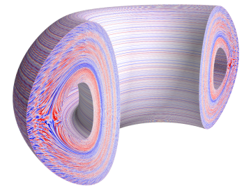 A macaroni shaped material in colorful rings, purple, red, blue, red, orange and then black. 