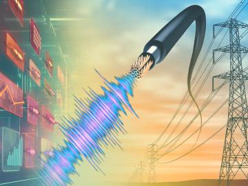 Power lines to the right, colorful graphs to the left and in the middle is a cord putting out electrical currents. 