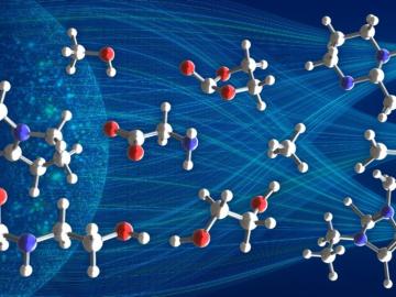 Digital image of molecules would look like. There are 10 clusters of these shapes in grey, red and blue with a teal blue background 