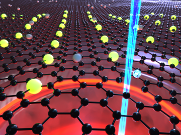 Illustration of an electron beam ejecting a carbon atom from graphene