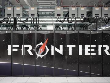 Frontier supercomputer is pictured here with the logo on the cabinets 