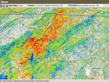Pictured is the ForWarn vegetation tracking tool that shows where areas of red where disturbance to forest canopy occured