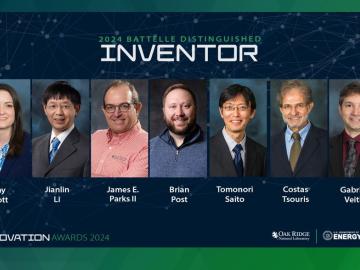 seven scientists' headshots are listed horizontally in a graphic representing the Battelle Distingished Inventors