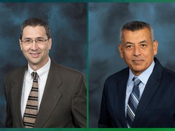 Arnold Lumsdaine, left, and Walid Metwally, right, are in suits posing for a picture in two separate photos
