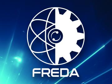 FREDA logo with a blue background and neon blue lines coming from the bottom left, plus a circle in the middle filled with half science atom symbol and half gear