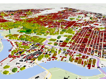 3D map of Washington, D.C. that is a weather model of neighborhood during heat waves. The map is red and green indicating which buildings are giving off more heat