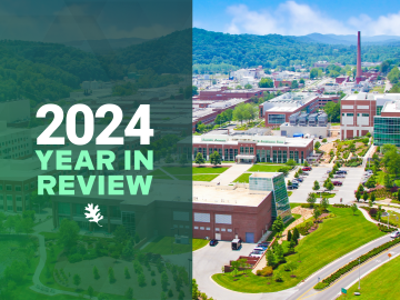 A photo of the ORNL campus with text overlay that says 2024 Year in Review off to the left 