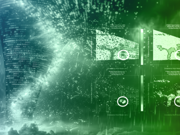 Image is blue and green with the background being a building on the left, merging into the photo on the right which are pictures of doppler radar graphics