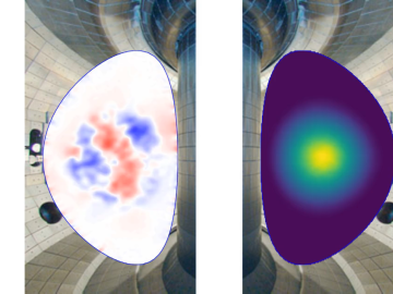 Two pictures of a rounded triangle shape are shown in mirror image. The left is white with red and purple spots in the middle while the one on the right is purple with a yellow and blue ring in the middle