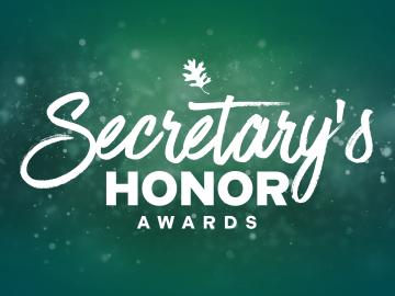 Light green and dark green graphic with the text overlay in three stacked word blocks "Secretary's Honor Awards"