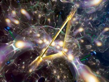 Photo is a graphical representation of lithium ions (glowing orbs) move through a diffusion gate (gold triangle) in a solid-state electrolyte