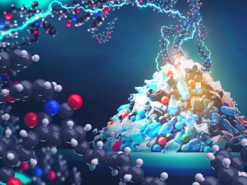 the foreground shows new macromolecules that could be made using a process invented by Oak Ridge National Laboratory chemists to upcycle the polymers from discarded plastics.