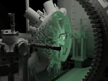 Computer rendering of the FRIB Decay Station initiator, featuring cylindrical components, vacuum chambers, and a greenish glow, used to measure the decays of exotic isotopes at FRIB.
