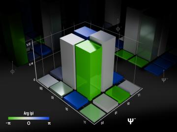 Image of four tall blocks creating a square with each block a different color, two gray, one green and one blue. That shape is sitting on a flat set of squares rotating the same color pattern