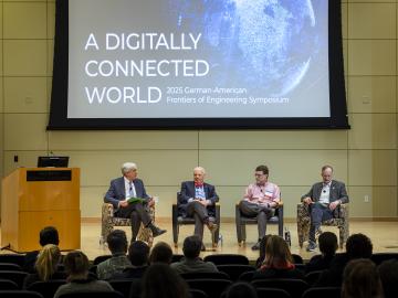 David Keim, far left, chief communications officer for ORNL, moderates a fireside chat with, left to right, Al Romig, NAE member and executive officer; Stephen Streiffer, ORNL laboratory director; and Walter Denk, with the Alexander von Humboldt Foundation; as part of the German-American Frontiers of Engineering Symposium.