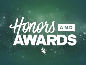 Green and blue background of a graphic image that says Honors and Awards