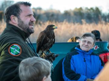 Vincent Pontello of the Tennessee Wildlife Resources Agency displays a Harris’s hawk during a nature walk at the Oak Ridge Reservation. 