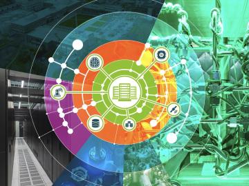 Multiple circles surround a data set with green in the middle, orange on the outer ring, followed by blue at the bottom, green to the right and purple to the left. There are images in the background of ORNL's campus