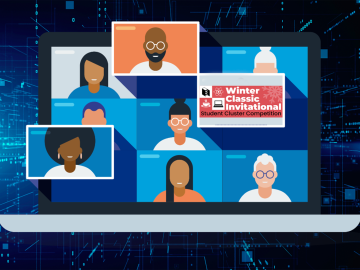 Illustration of a virtual meeting on a laptop screen featuring diverse cartoon avatars of people in a grid layout. In the center, a logo reads “Winter Classic Invitational Student Cluster Competition.” The background consists of digital blue circuitry and data flow patterns, suggesting a technology or computing theme.