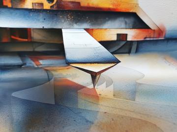 Artist's rendering depicts a cantilever's sharp tip in an atomic force microscope scanning a material's surface to measure domain wall movement