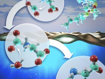Illustration of an amino acid molecule that is going through a process from air to water with three phases, split into bubbles