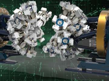 Illustration of the GRETA detector, a spherical array of metal cylinders. The detector is divided into two halves to show the inside of the machine. Both halves are attached to metal harnesses, displayed against a black and green cyber-themed background.