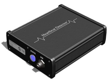 The heartbeat Detector is pictured here, which is a black rectangular box with a heartbeat line and wording on the top to reflect its name