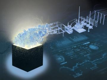 Illustration of a glowing black box emitting digital particles that form into a 3D model of an electrical grid infrastructure, set against a background of binary code and data visualizations.