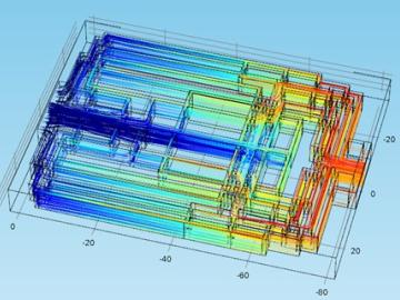 Temperature is represented by different colors for this heat sink for a 50-kilowatt DC-to-DC converter with red being the hottest. Temperature is represented by different colors for this heat sink for a 50-kilowatt DC-to-DC converter with red being the hottest.