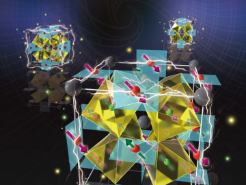 A newly discovered material called BiMn3Cr4O12, represented by the crystal structure, exhibits a rare combination of magnetic and electrical properties. The arrows illustrate the spin moments for the elements chromium (Cr) in yellow and manganese (Mn) in A newly discovered material called BiMn3Cr4O12, represented by the crystal structure, exhibits a rare combination of magnetic and electrical properties. The arrows illustrate the spin moments for the elements chromium (Cr) in yellow and manganese (Mn) in