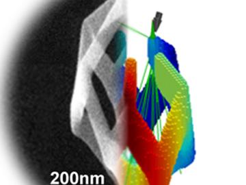 This 3-D structure was created in a microscope. On the left is the structure; on the right is the simulation that shows how to create such a structure. This 3-D structure was created in a microscope. On the left is the structure; on the right is the simulation that shows how to create such a structure.