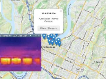 This map shows the locations of sensing devices in use by EPB in Chattanooga. The inset shows a thermal image of substation transformers. ORNL Image