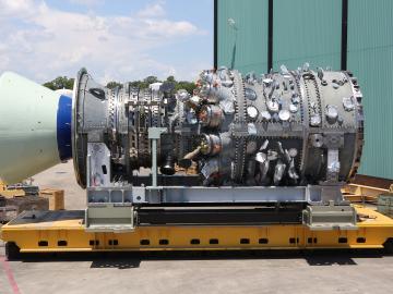 An image of a complete 7HA.02 gas turbine. The new GE turbine is capable of achieving an overall efficiency of more than 62 percent in a combined-cycle power plant and is projected to exceed world-record efficiency marks set by GE’s 9HA turbine model.
