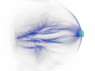 A 3D visualization of the HZDR team’s final simulation of their expanded plastic target. The protons (blue) can be seen traveling along the laser axis from left to right (laser not shown). A particle bunch (red) of high-density protons can be seen at the 