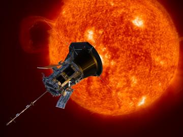 Illustration of satellite in front of glowing orange celestial body