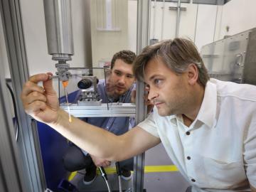 ORNL’s Steven Dajnowicz (left) and Andrey Kovalevsky prepared a sample to begin neutron structural analysis of a vitamin B6-dependent protein using the IMAGINE beamline at ORNL’s High Flux Isotope Reactor. Results of the study could open avenues for new a