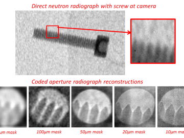 A direct neutron radiograph with no magnification at top, and coded source images captured using coded apertures with mask holes of various sizes at magnifications of up to 25 times. Direct neutron radiograph and coded aperture images