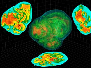 When a neutron star forms, compression creates heat that generates neutrinos. When the star’s core collapses, a shock wave propagates around the star but stalls. Credit: ORNL, U.S. Dept. of Energy; created by J.A. Harris.