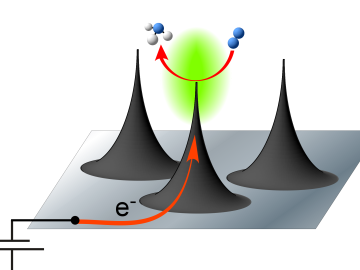 Nanoscale spikes of carbon help catalyze a reaction that generates ammonia from nitrogen and water. 