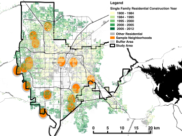 Researchers analyzed 15 years of data across 16 neighborhoods, shown in orange, in the Las Vegas Valley Water District to determine whether one home’s participation in the utility’s water conservation program had a measureable effect on their neighbors’ l