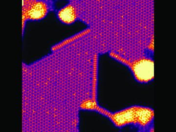 An ORNL-led team used scanning transmission electron microscopy to observed atomic transformations on the edges of pores in a two-dimensional transition metal dichalcogenide. The controlled production of nanopores with stable atomic edge structures may en An ORNL-led team used scanning transmission electron microscopy to observed atomic transformations on the edges of pores in a two-dimensional transition metal dichalcogenide. The controlled production of nanopores with stable atomic edge structures may en