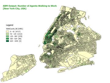 This map of New York City shows how many people walk to work each morning. The resolution is block group level.